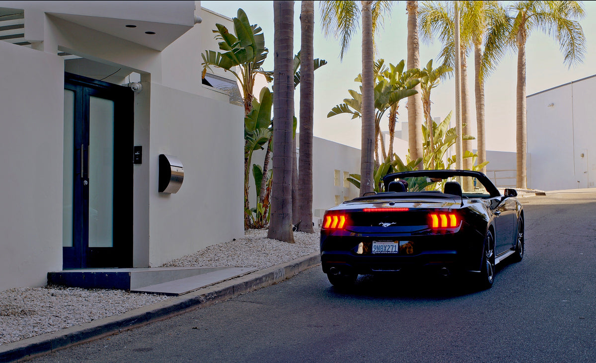 La Mustang cabriolet noire de Sofiane Pamart dans une rue de Los Angeles bordée de palmiers