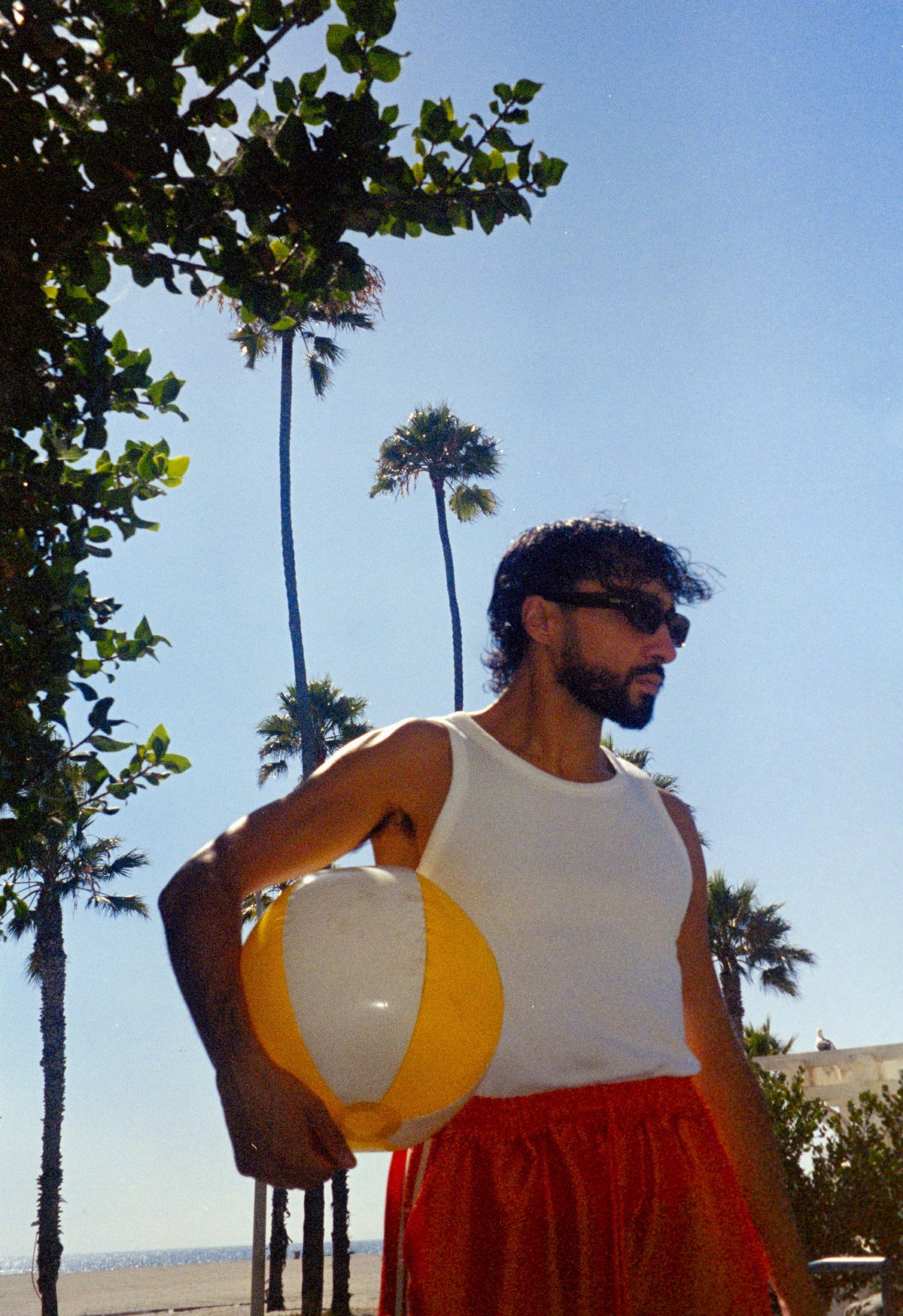 Sofiane Pamart tenant un ballon de plage sur le front de mer, palmiers en arrière-plan